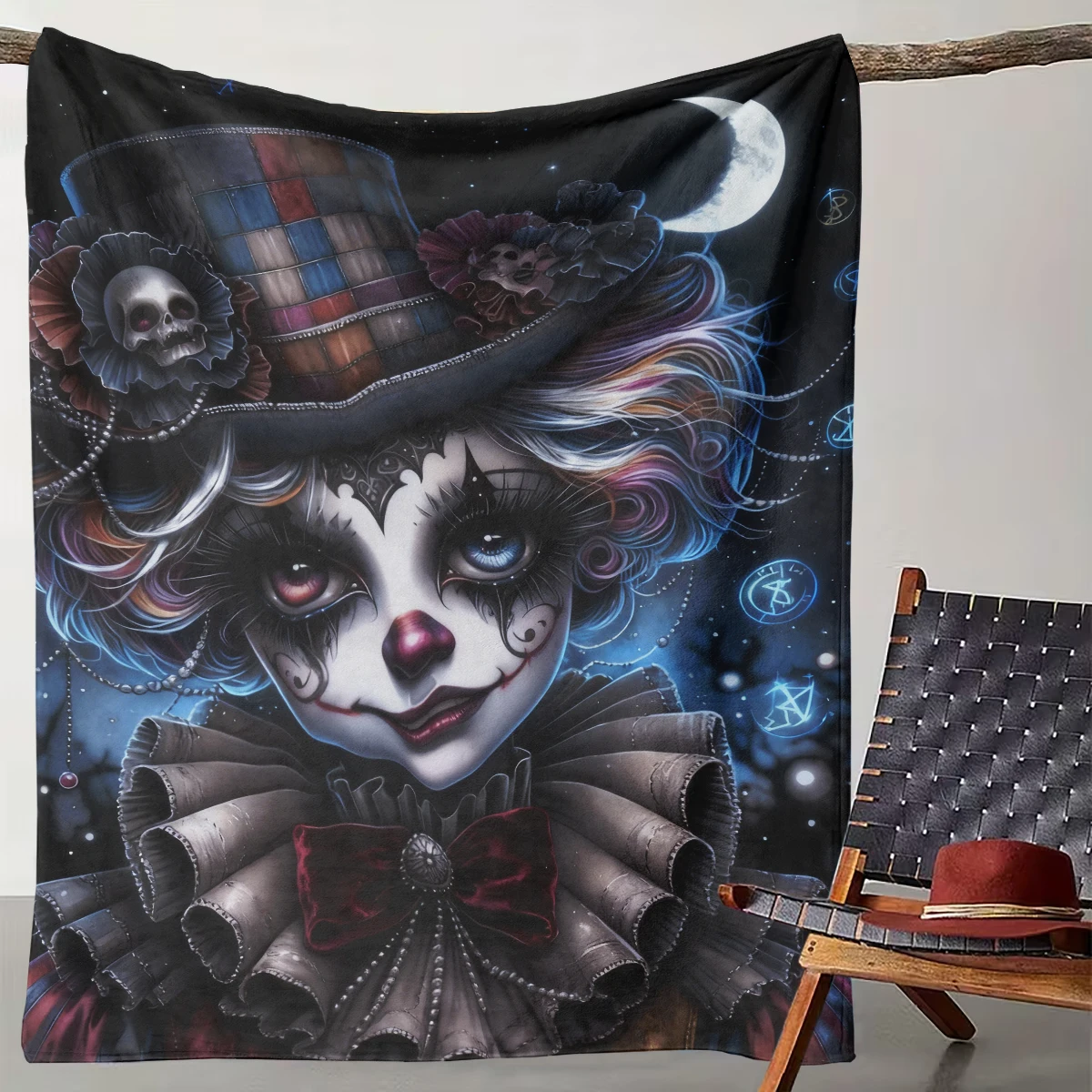 

1 Dark Moon Night Skeleton Clown Blanket Gothic Fantasy Makeup Flannel Throw