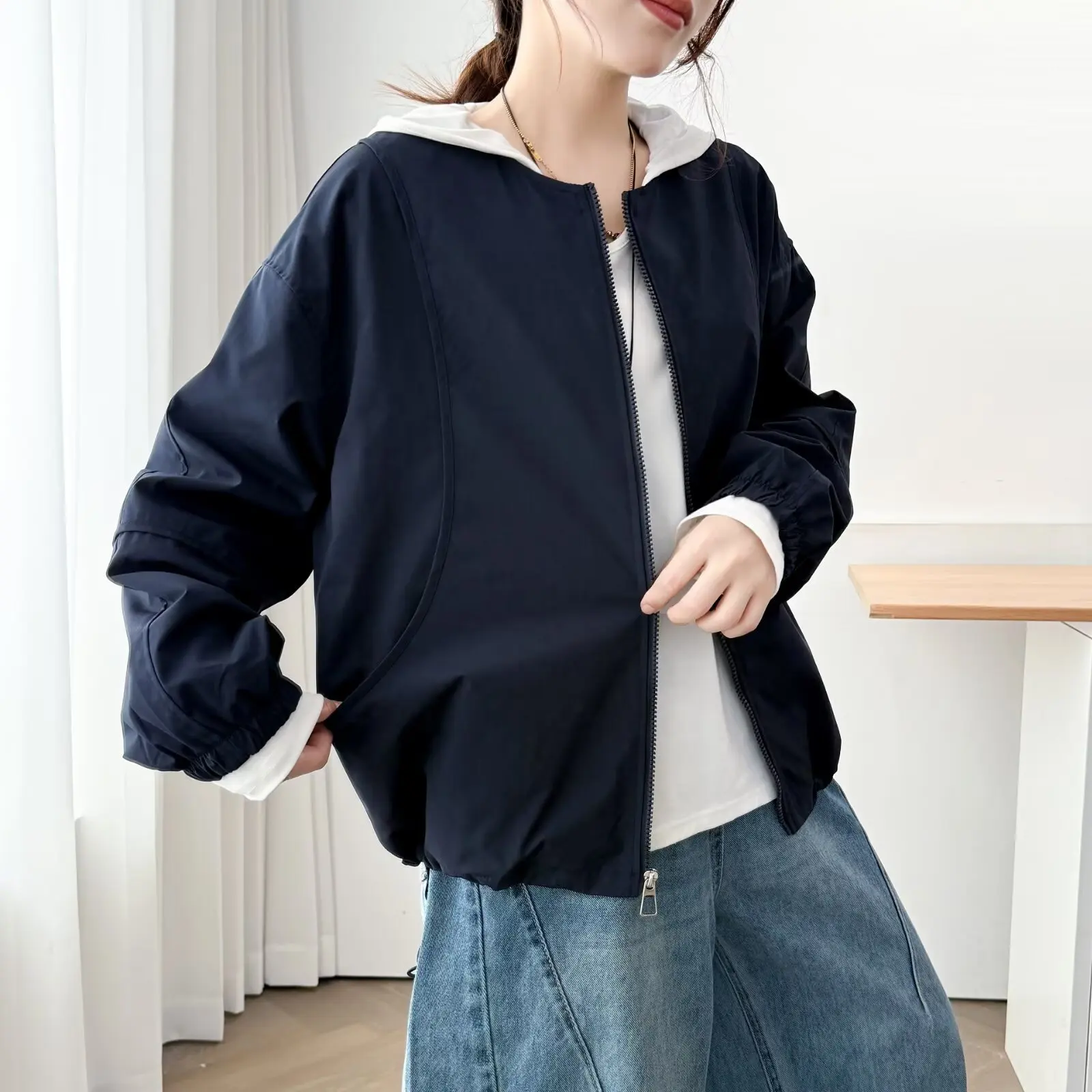 XXXXL موضة حجم كبير سترة نسائية بسحاب فضفاضة بدون ياقة معطف مرقع ملابس خارجية غير رسمية 309