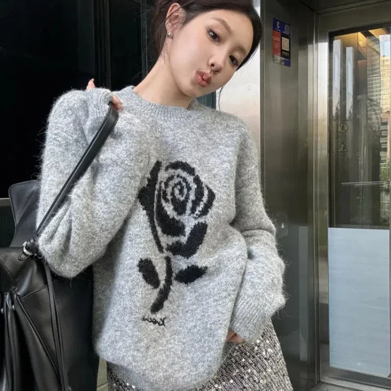 

2025 Autumn Winter Sweater Women Elegent outerwears O-neck Flower Long Sleeve Top Fashion Knit Female Pullover Pull Jumper