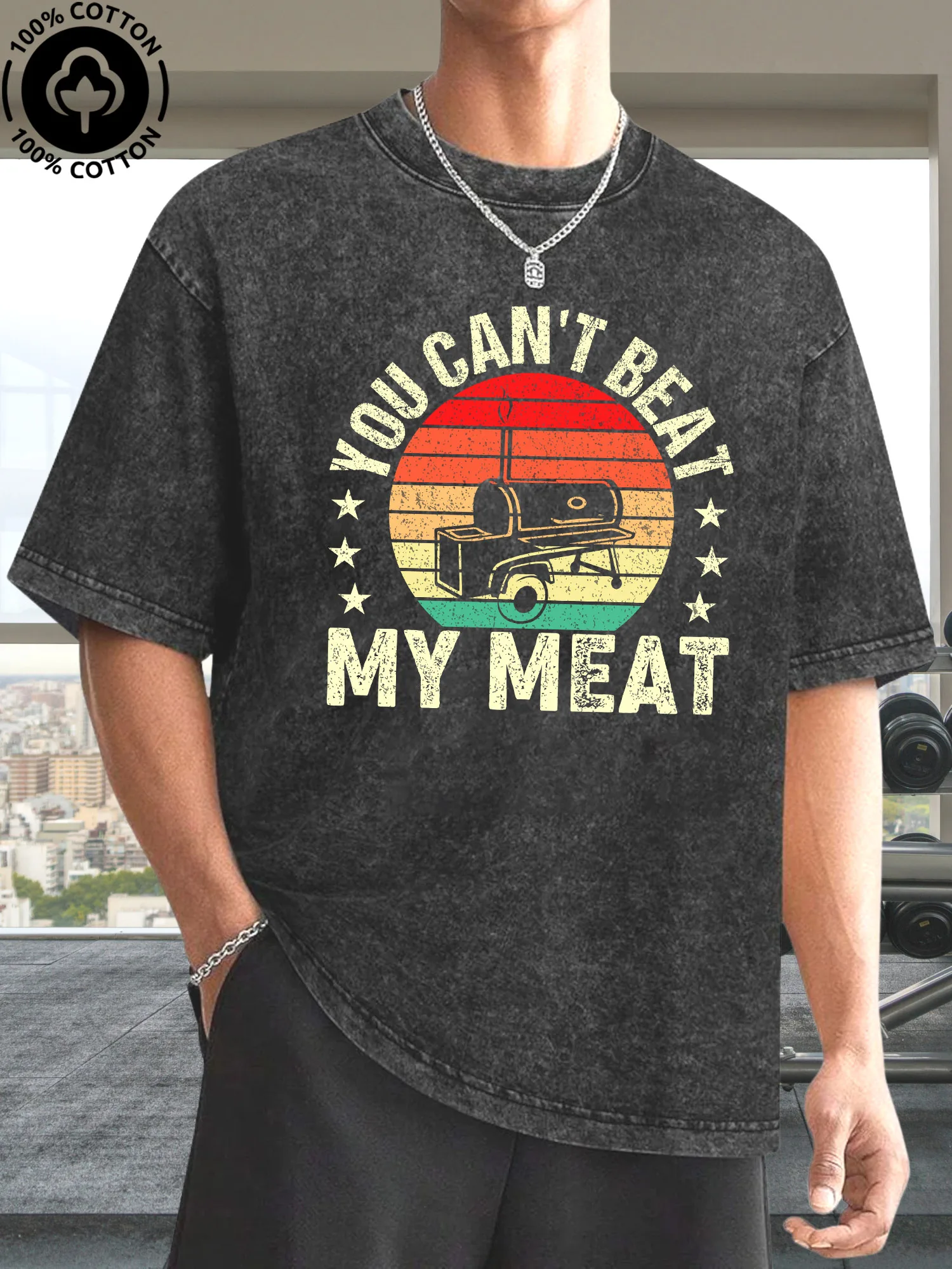 

You Can't Beat My Meat Men's Graphic Tee, 100% Cotton Vintage Black T-Shirt, Retro Street Acid Washed Tee