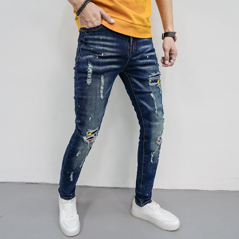 Ripped fashion trendy patch jeans men\'s high-end slim fit all-match Street retro fashion brand Pu Shuai skinny tappered pants