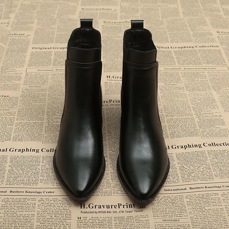 Women Winter Fleece Lined Chelsea Boots Pointed Toe Chunky Block Heel Ankle Boots Warm Slip On Booties Plus Size image 5