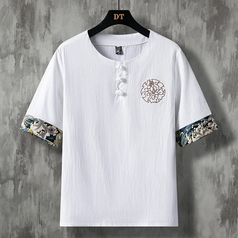 

Cotton and Linen Short Sleeved T-shirt Men's Chinese Style Tang Suit Half Sleeved Chinese Style Buckle Men's T-shirt Ancient Sty