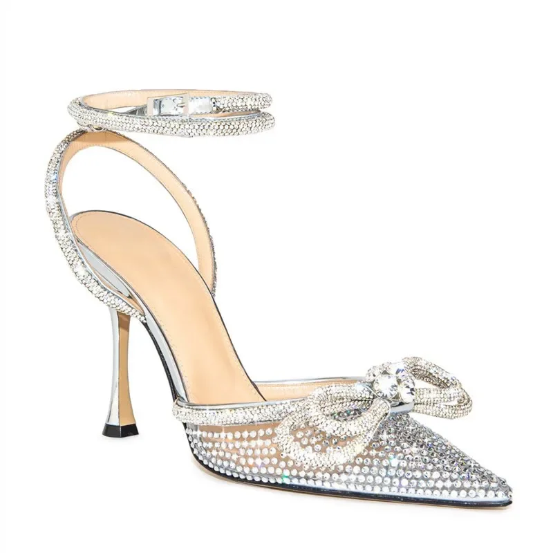 Brand Bling Bling Rhinestones Double Bowknot Women Pumps Sexy Ankle Strap Thin High Heels Mules Summer Wedding Bridal Shoes