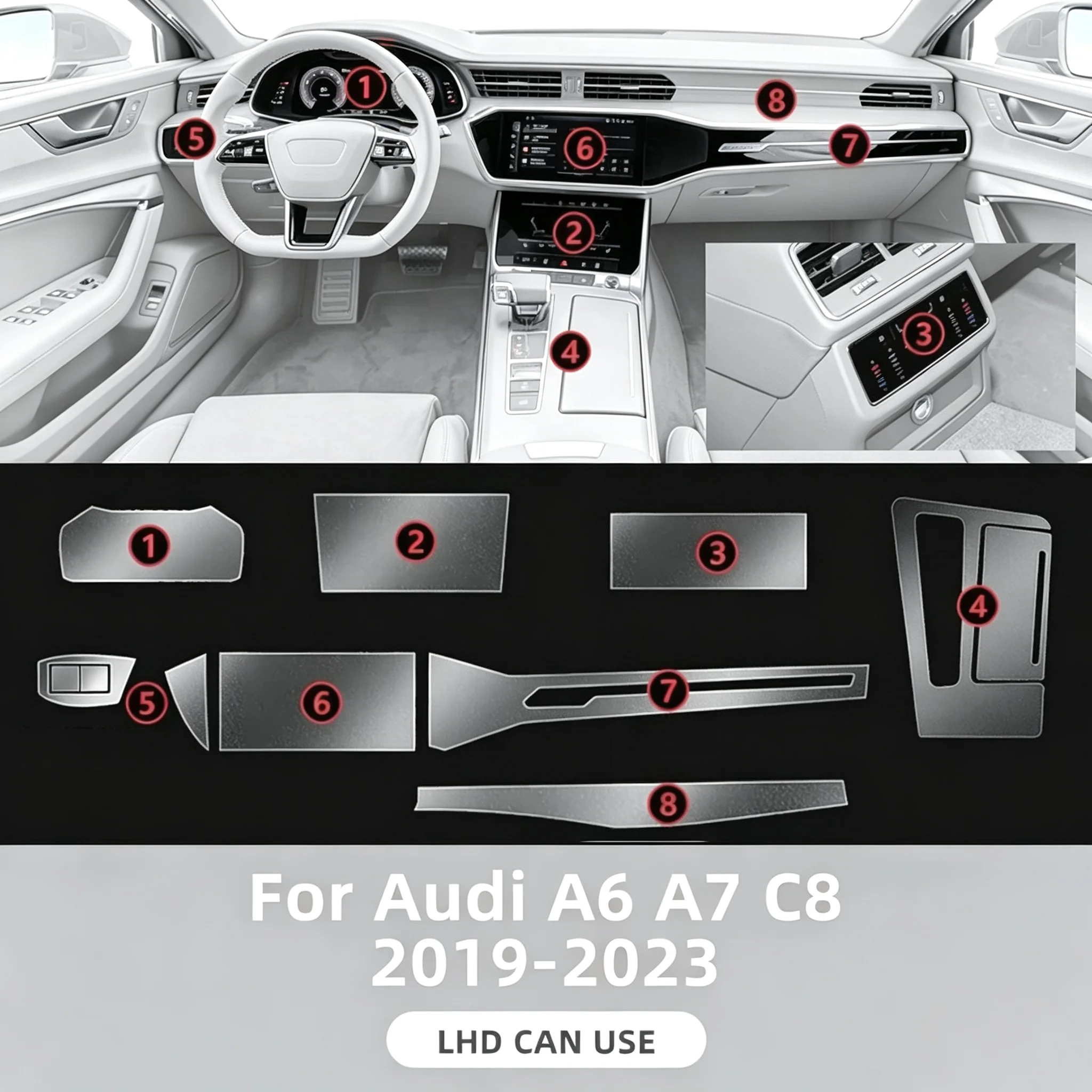 Für Audi A6 C8 A7 2019-2023 Transparente TPU-Schutzfolie für den Mittelbereich, Getriebepanel und Armaturenbrett, PPF Anti-Kratz-Folie – Detail 1