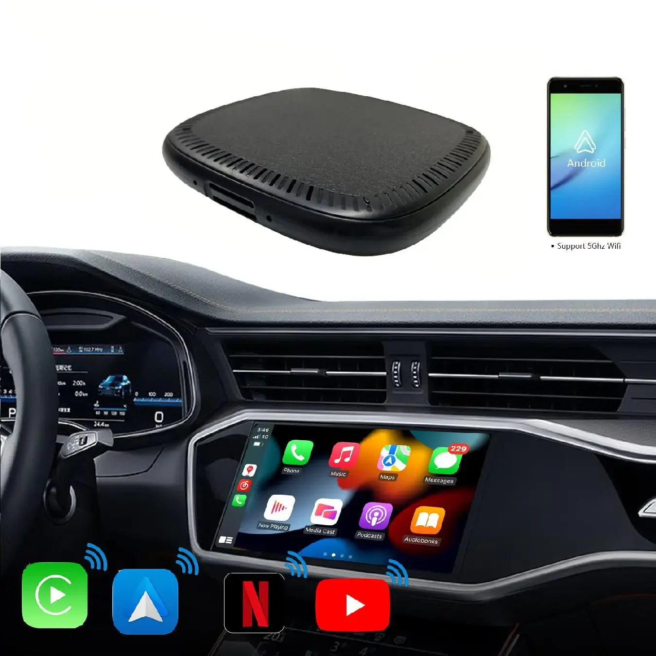 Cabot CarPlay Ai Box Android 13 8G+128GRocket WirelessCar Play Android Auto الوسائط المتعددة Smart Box APP Player