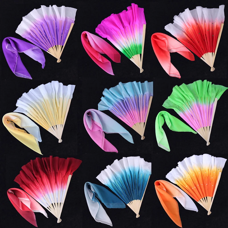 

Silk Chinese Dance Fan Veil 36cm Short Fan with Square Handkerchief Traditional Women's Dance Prop & Costume Accessory