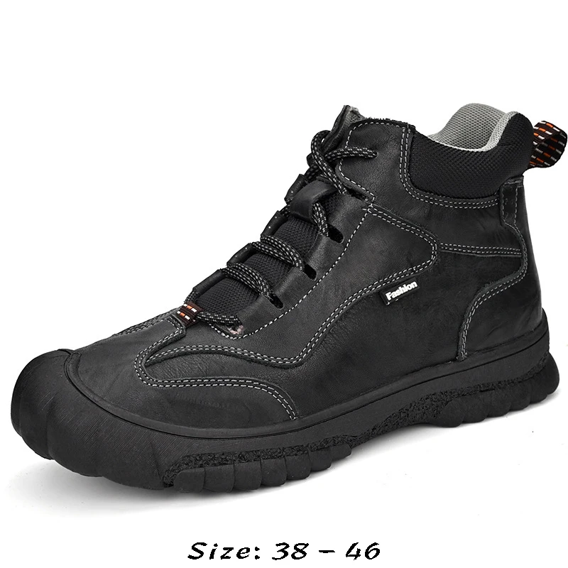 High quality high tops genuine leather boots for men new 2023 autumn winter size 45 46 plush warm walking shoe - black brown
