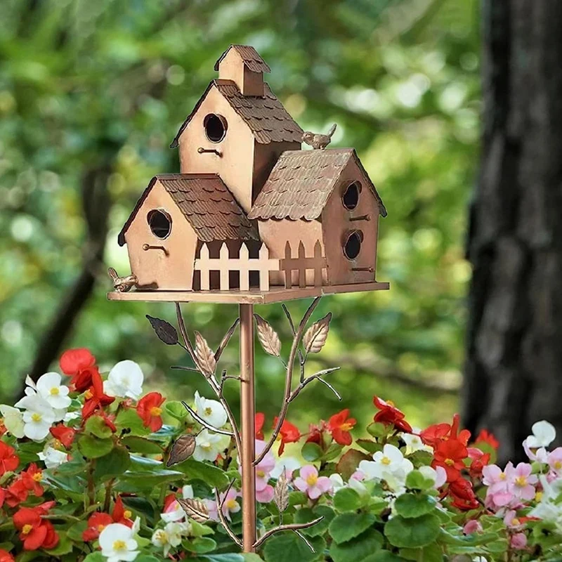 Garden Bird House with Pole Metal Bird Feeders Garden Stakes Bird Houses for Courtyard Backyard Patio Outdoor Style C