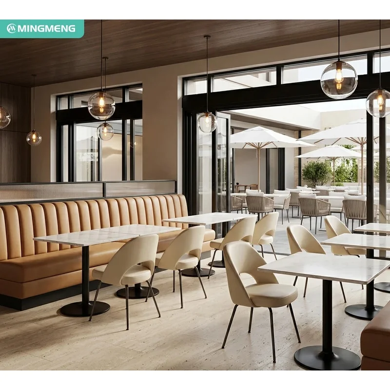 Commercial Cafe Dining Booth Sofa Vertical Tufted Beige Booth With Marble Table Metal Frame Dining Chairs for Hospitality Venue