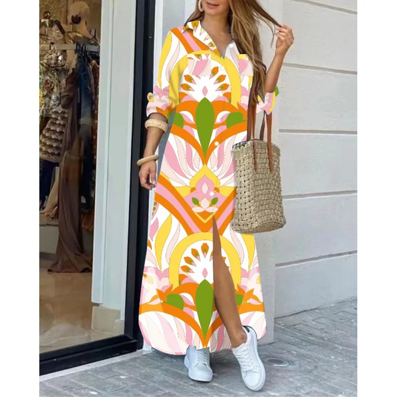 2023 Bay AliExpress New Fashion Long Sleeve Printed Shirt Skirt Long Dress (Positioning Flower) Traf Official Store Summer Dress