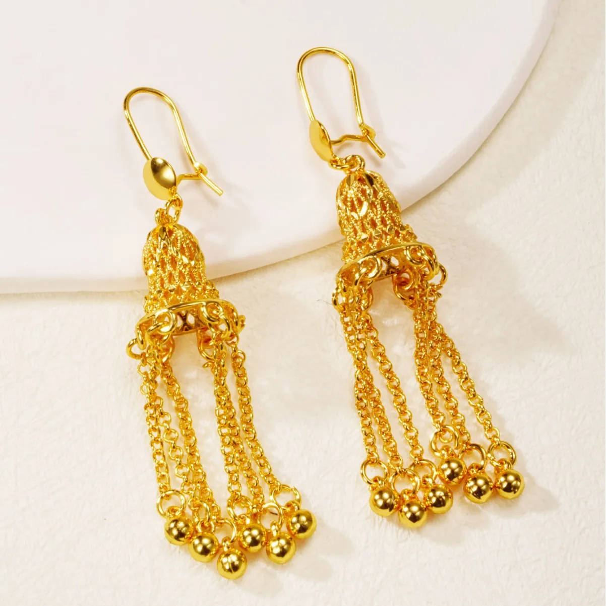 9999 gold high-end lantern fringed earrings, long style, niche and cool trend, unique and versatile, waterdrop style earrings,