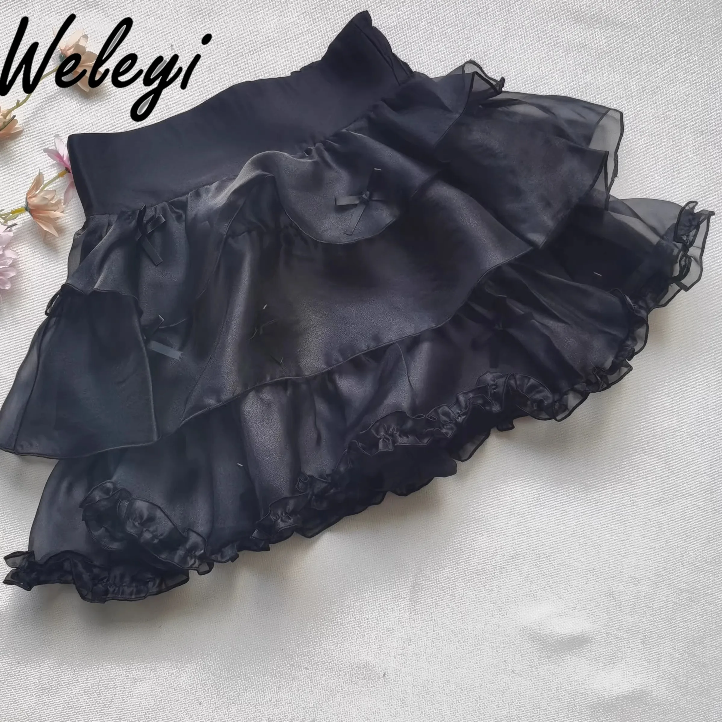 

Japanese Sweet Bow Black Organza Tutu Skirt Fenale 2025 Spring and Summer New Fairy Cute Woman High Waist Short Cake Skirts