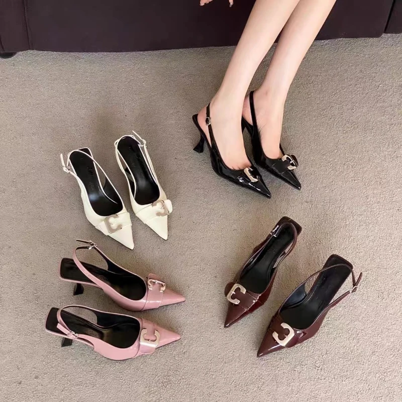 

2025 High Quality and Hot Selling Women Fashion Pointed Toe Buckle Strap Metal High Heeled Heel Elegant Single Shoes Female