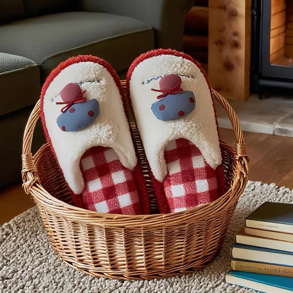 2026 Women Warm Closed Toe Plush Slippers Retro Color Block Mushroom Pattern Non-slip Soft Cotton Indoor Autumn Winter Shoes