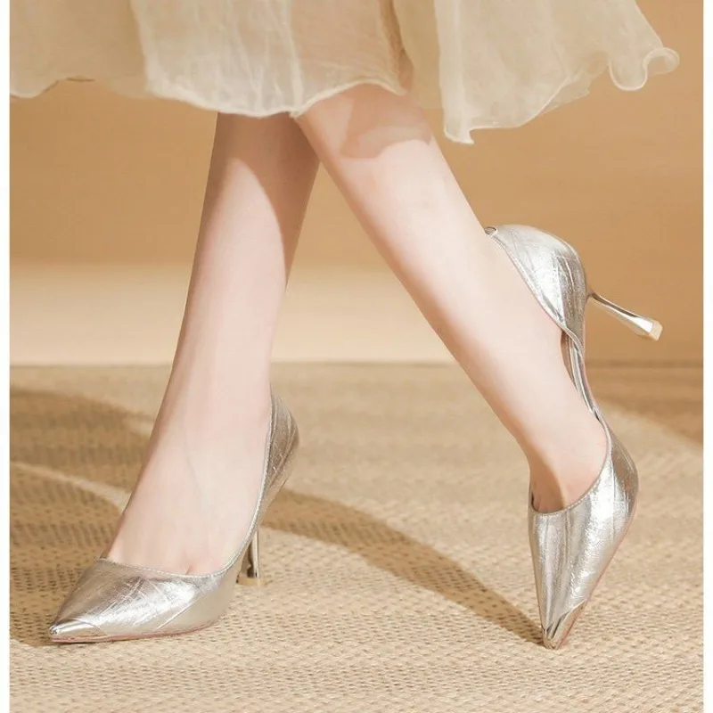 Metallic Pointed Toe Shallow Mouth Side Empty Slim Heel Single Shoes Fashion Slip-on Non-Slip Heels