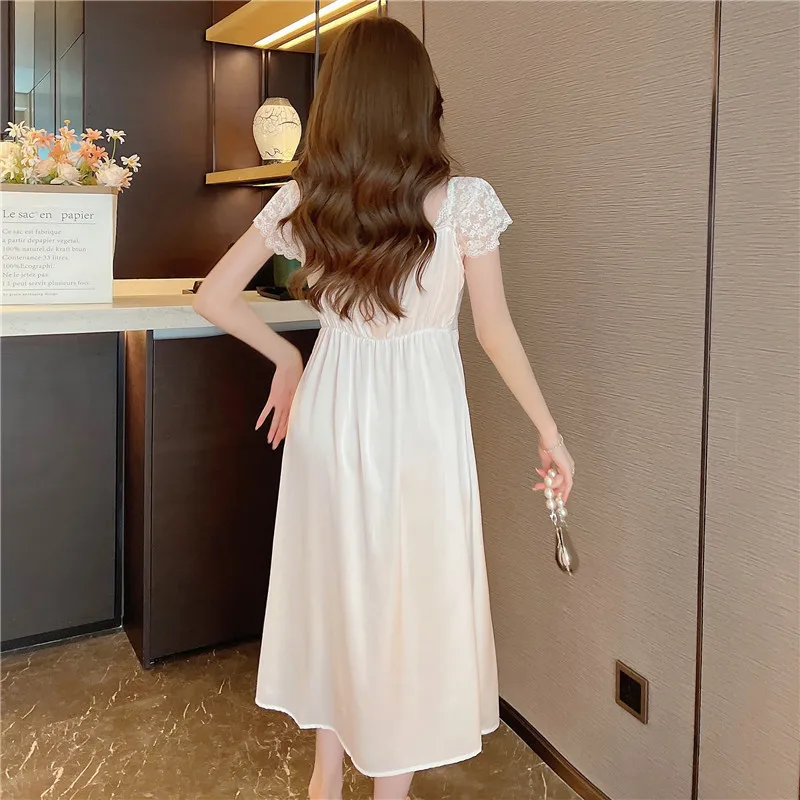 White Bride Nightgown Womens Satin Nightdress Lace Slash neck Sleepwear Nighty Gown Summer Nightwear Home Dress Loungewear