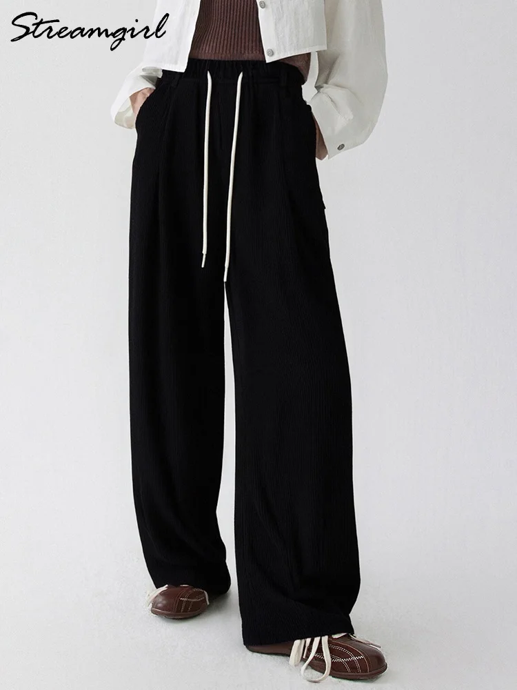 Streamgirl شتاء دافئ سروال قصير الصوف النساء أسود مستقيم السراويل الطويلة واسعة الساق الوردي سميكة المخملية السراويل النساء الشتاء #2