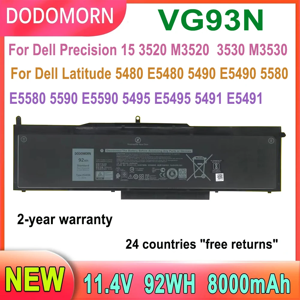 DODOMORN Laptop Battery VG93N For Dell Precision 15 3520 M3520 3530 M3530 For Dell Latitude 5480 5490 5580 5590 5495 5491 92WH