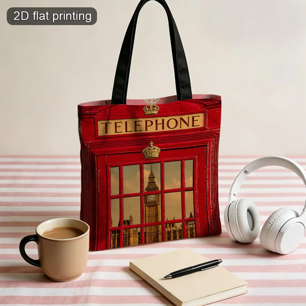 1pc British-Themed London Telephone Booth & Big Ben Tote Bag Double-Sided Printed Reusable Foldable Grocery Bag view 2