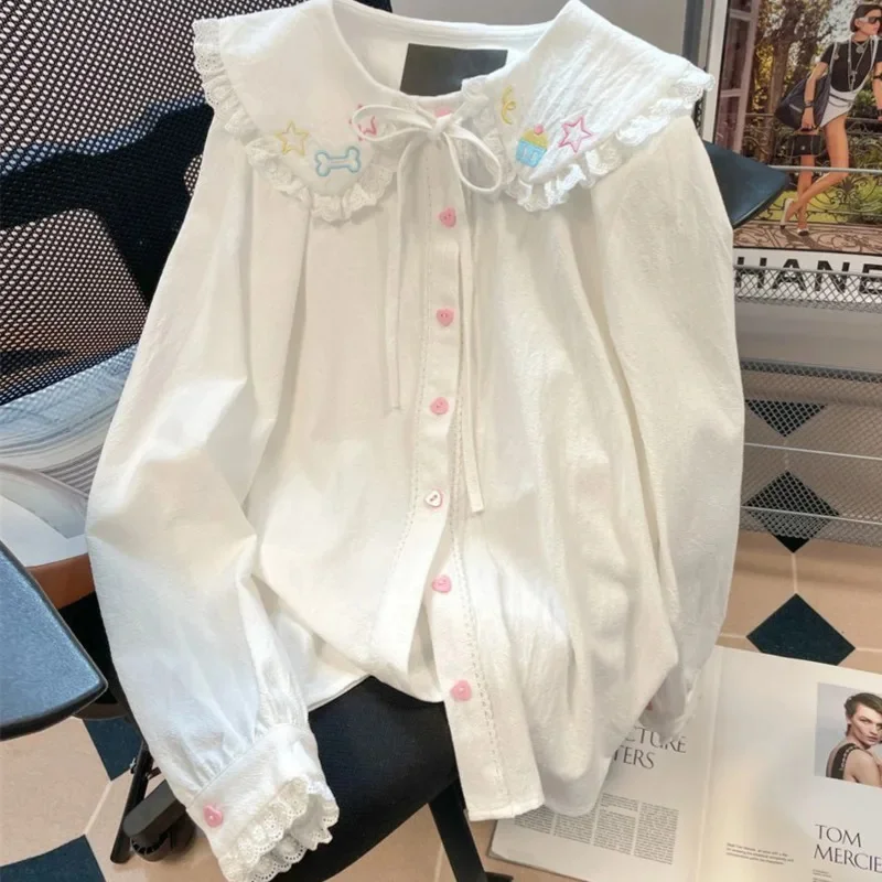 Y2K Lace Embroidery Lace Hoodie JK Shirt Women's Spring And Autumn Retro Inner Lace With Button Long Sleeve Doll Collar Top New