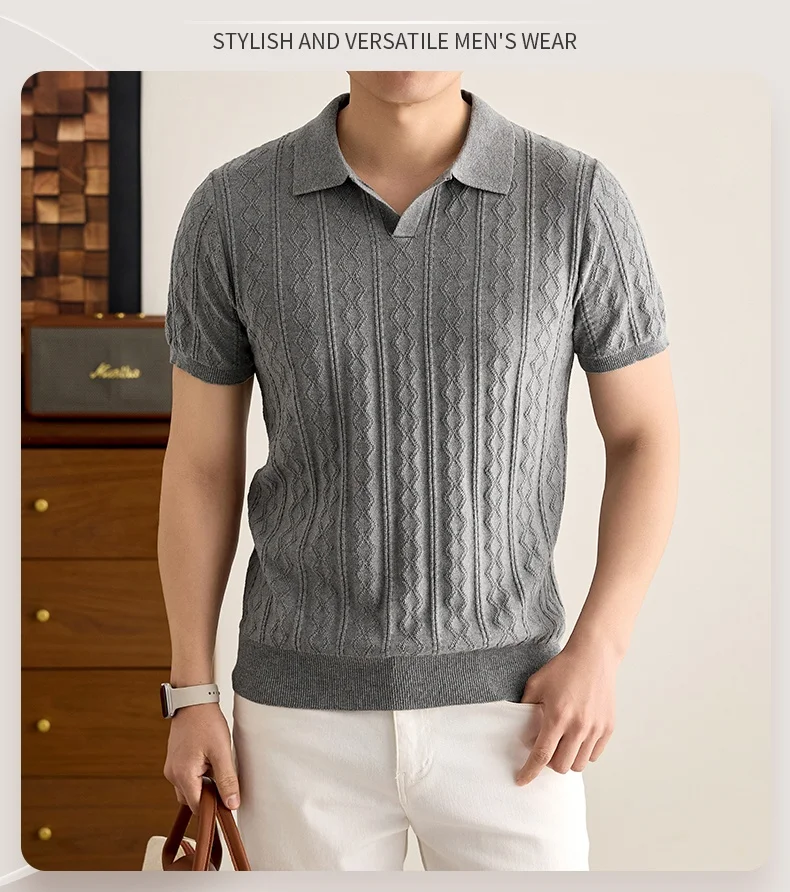 Luxuriöses, gestricktes 100% Baumwoll-Poloshirt für Herren, kurzärmelig, neu, Jacquard, weich, atmungsaktiv, modisch, hochwertig, einfarbig, lässiges T-Shirt. – Detail 2