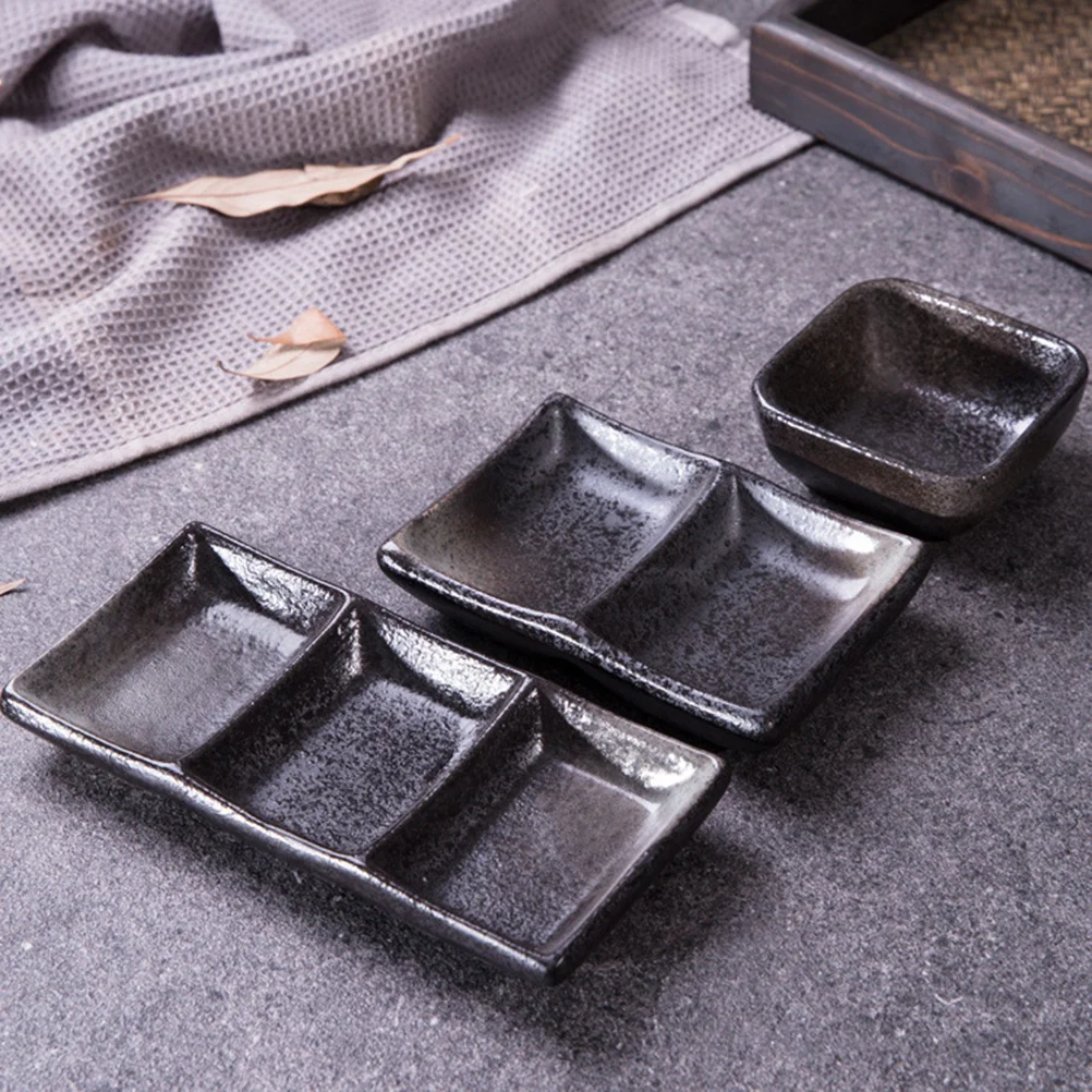 

2Pcs Ceramic Sauce Dish Square Shape 3 Grids Seasoning Bowl for Dipping Snack Fruit Dessert Appetizer Plates Serving Condiments