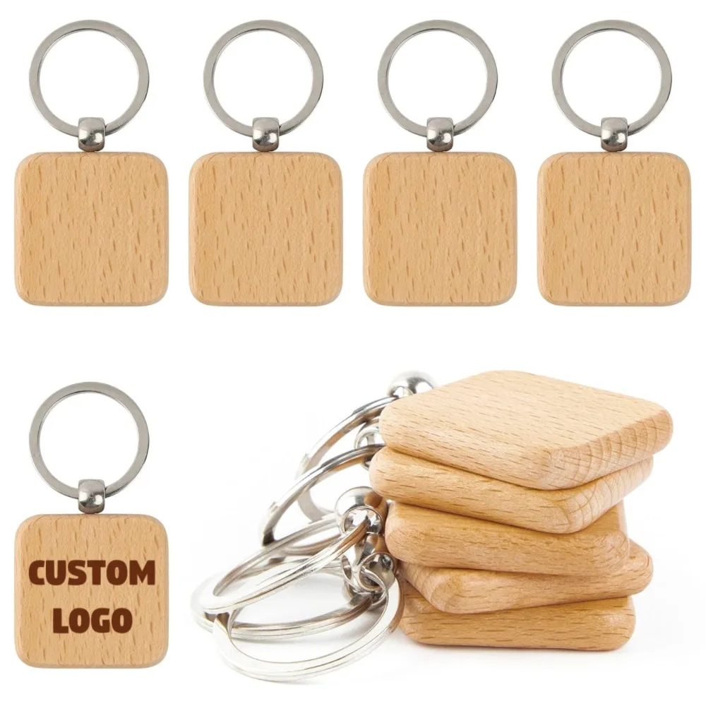

Natural Wood Keychain Blank Rectangle Heart Ornament Key Chain Ring Jump Rings DIY Keyring Laser Engraving Gift Custom Name Logo