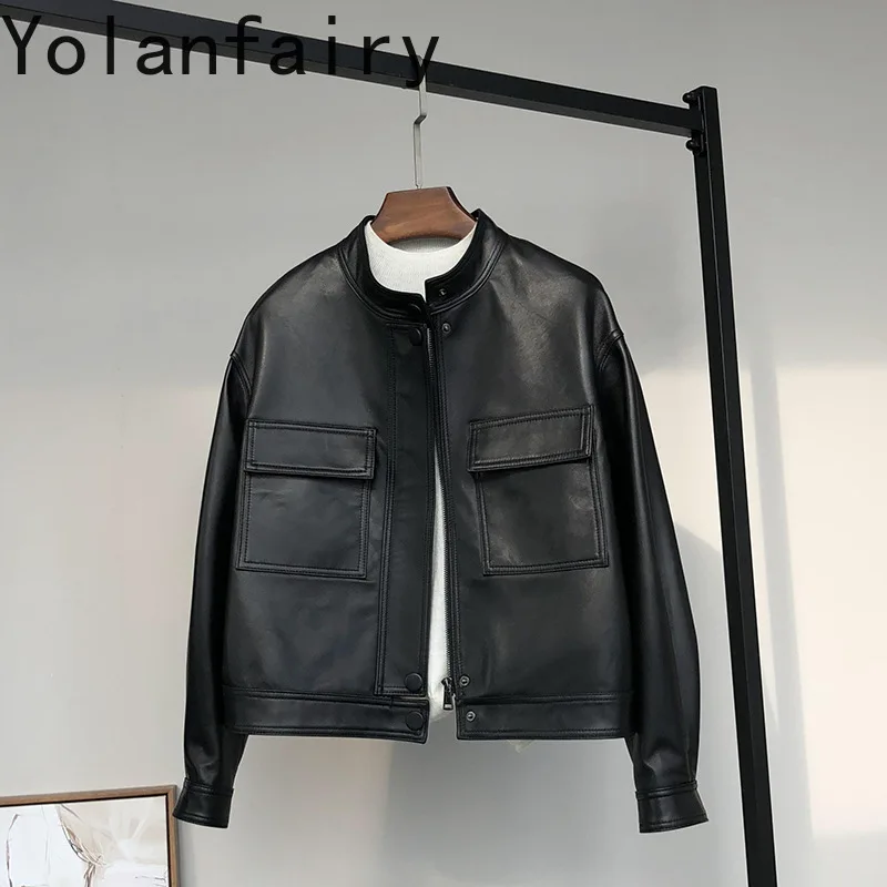 YOLANFAIRY Leder Damen Jacke Echtem Schaffell Outwears Frühling Herbst Kurze Stehkragen Motorrad Jacke Casual Mäntel Neue