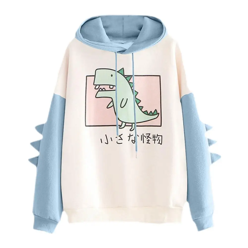 Cute Dinosaur Cartoon felpa con cappuccio donna moda felpa Casual stampa manica lunga stile coreano giuntura top vestiti Kawaii