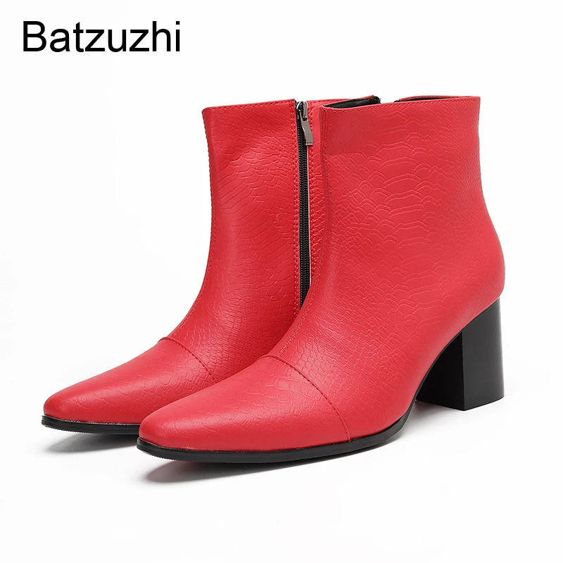 

Batzuzhi British Type Men's Boots Pointed Toe 7cm High Heels Red Ankle Boots Man Zip Fashion Party and Wedding Boots for Man!