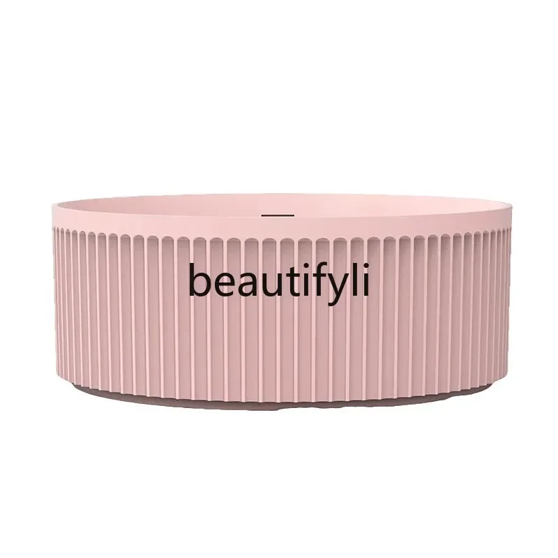 

Pink artificial stone bathtub Free-standing circular vertical striped household color bathtub