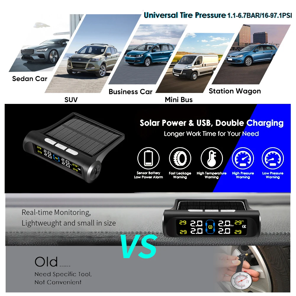 태양광 TPMS 자동차 타이어 압력 모니터 시스템, 타이어 압력 디스플레이, 실시간 모니터링, 온도 경고 경보 시스템