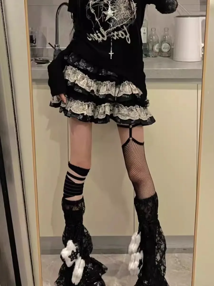 Y2K 밀레니엄 펑크 스윗 쿨 레이스 케이크 스커트 여성 여름 서브컬쳐 펑크 스몰 사이즈 플러피 스커트 하이웨이스트 A라인...