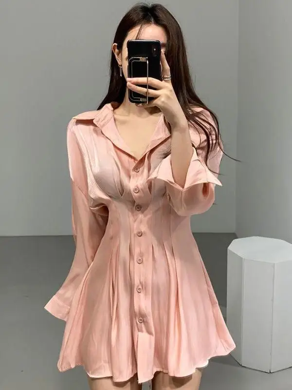 Vestido camisero de manga larga para mujer, elegante vestido coreano, brillante, cintura doblada, con cordones en la espalda, cuello abatible, botonadura única, 1LTN