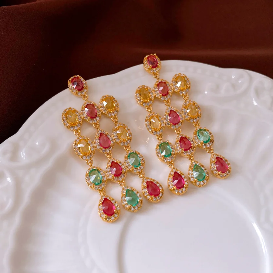 

NISHIZAWA Zircon Oval Tassel Earrings Vintage Exaggerated Design Earrings Niche Earrings