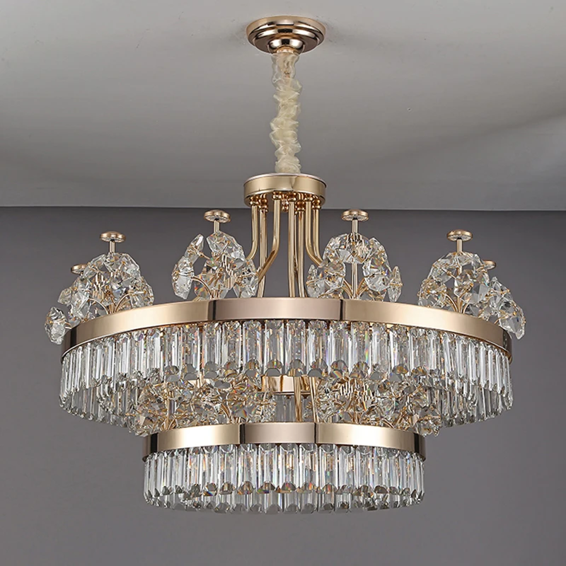 

Building Home Atmosphere Living Room Postmodern Light Luxury Double-Layer Crystal Chandelier Villa Building Duplex Pendant Light