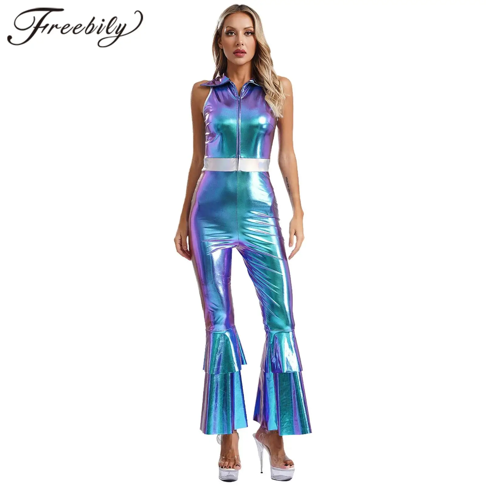 Womens 70S Disco Vintage Jumpsuit Glanzend Metallic Flares Body Bell Bottom Club Jazzdans Carnaval Rave Party Hippie Kostuum