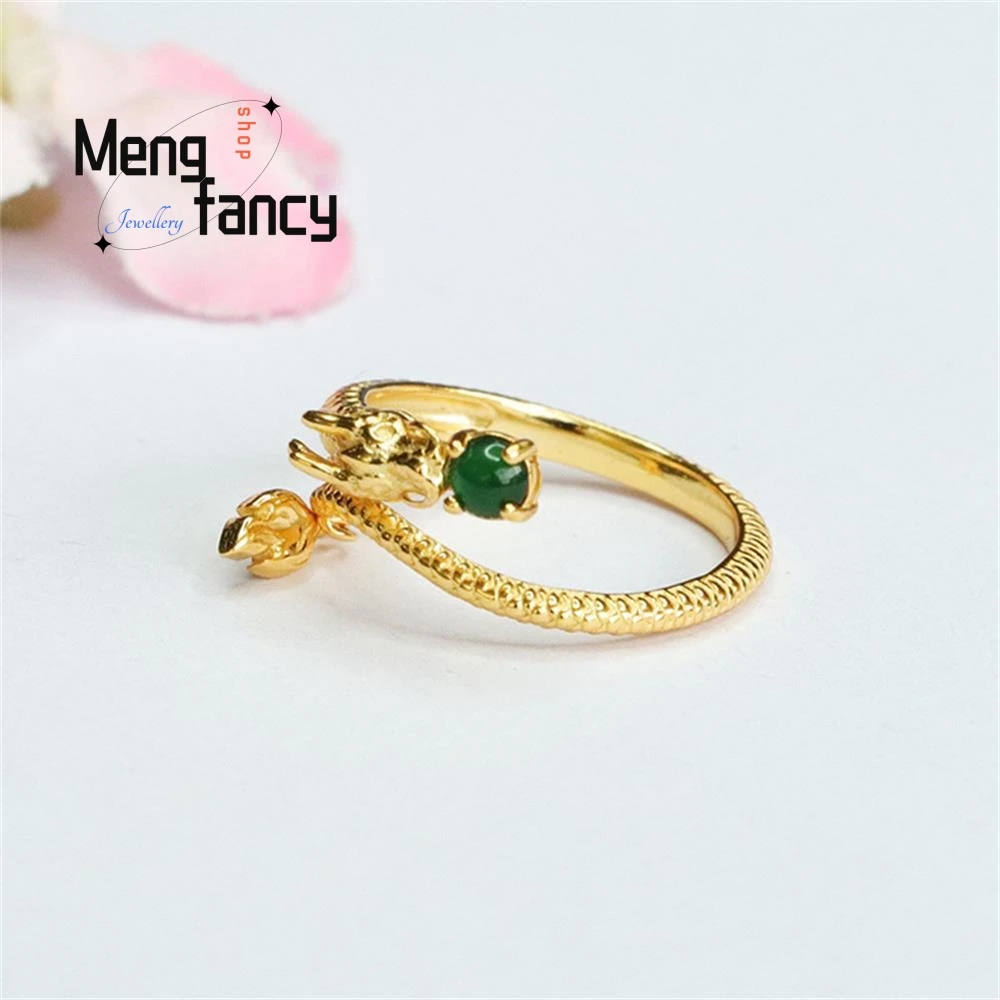 S925 Silver Lnlaid Natural Jadeite Ice Type Imperial Green Dragon Finger Ring Exquisite High-grade Couple Luxury Quality Jewelry