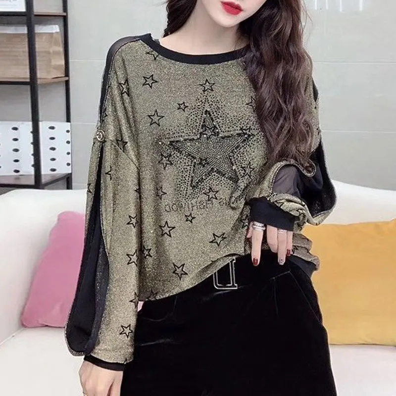 Streetwear Stylish Star Printed Sweatshirts Chic Diamonds Women\'s Clothing Casual Gauze Patchwork Spring Autumn O-Neck Pullovers