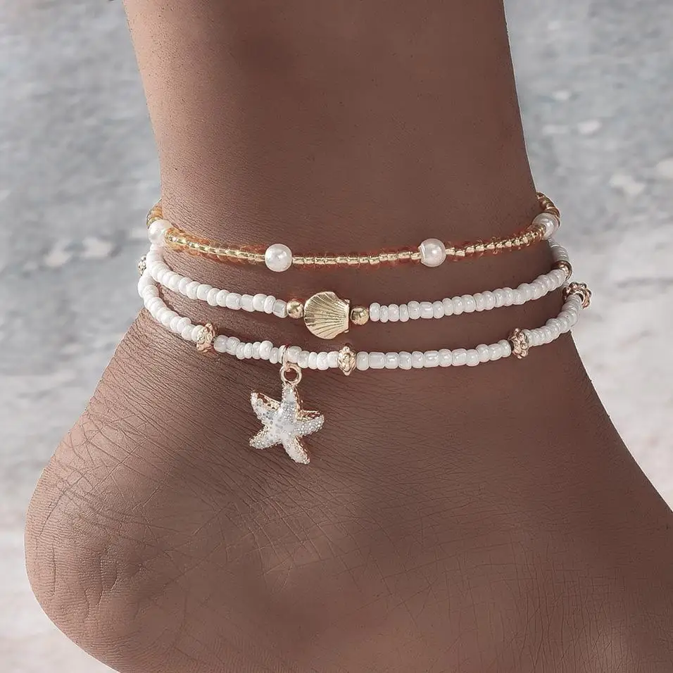 3 Piece Starfish Shell Anklet Set for Women Beach Vacation Tiny Beads Faux Pearl Lightweight Summer Daily Layered Boho