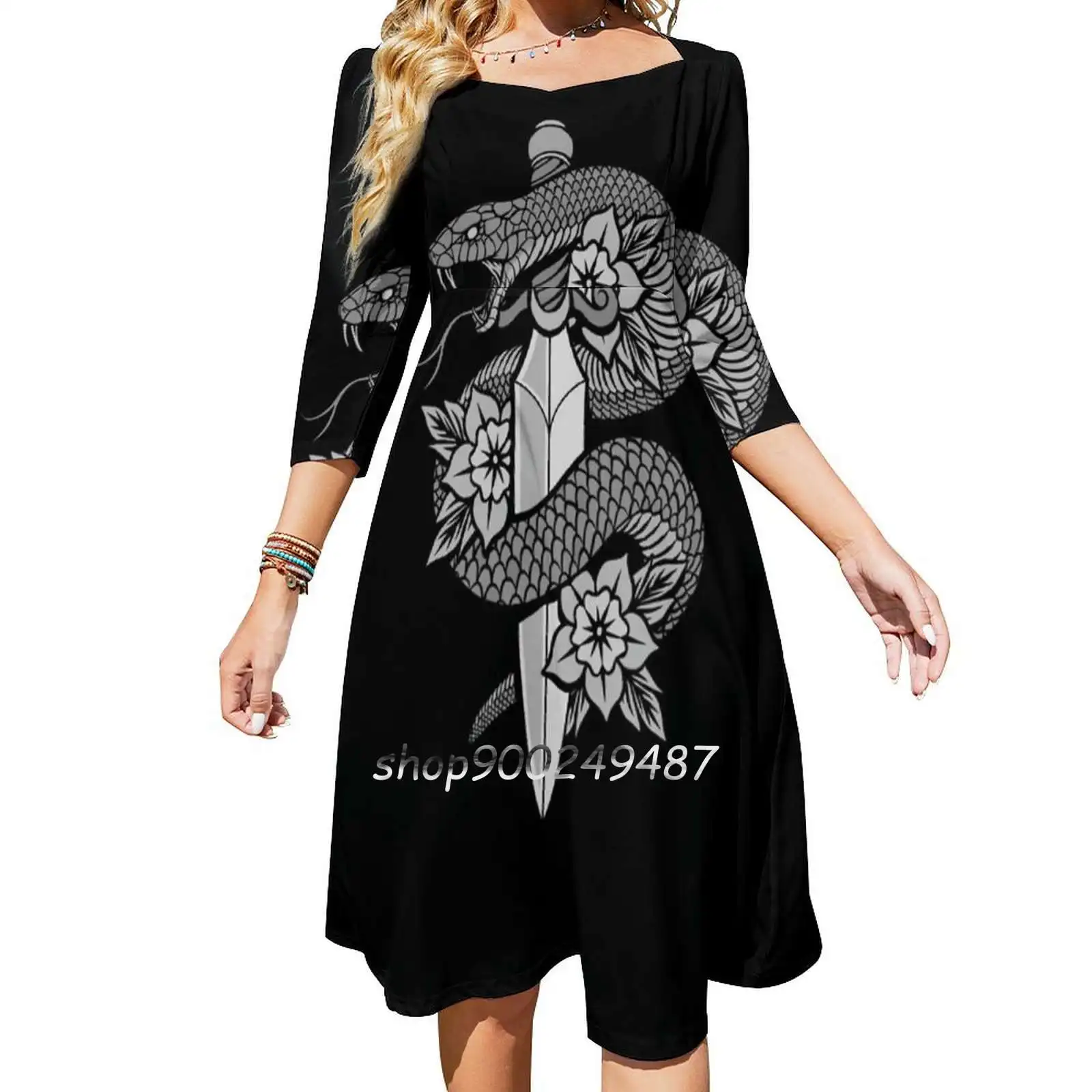 Snake & Dagger Square Neck Dress Sweet Summer Dress Women Elegant Halter Print Dress Snake Dagger Tattoo Dark Dark Art Deniart