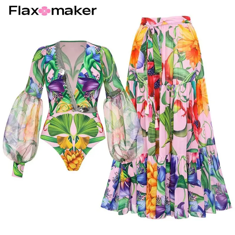 FLAXMAKER Long Sleeved Swimsuit and Skirt Set Mesh Sleeved V Neck Bodysuit Clearance Sale