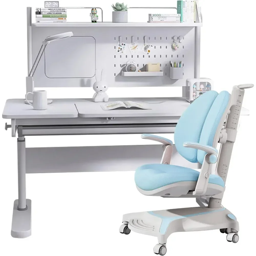 

# Hot Desk And Chair For Kids, Height Adjustable Wood Children Study Computer Desk With Large Shelf, Tiltable Desktop