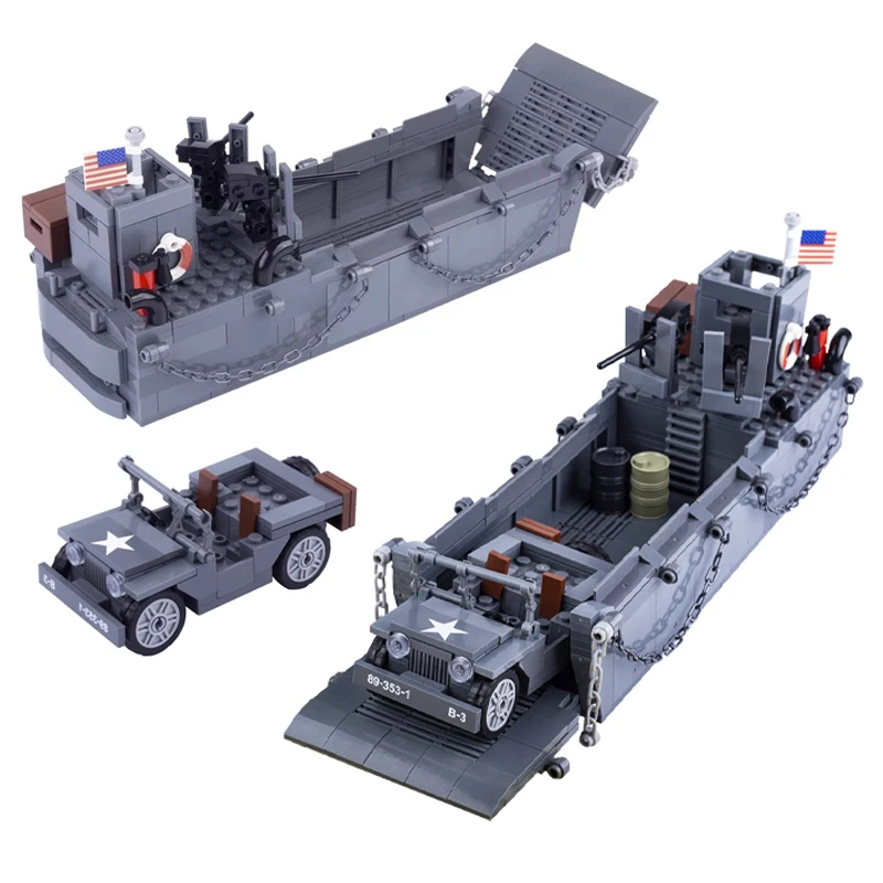 WWII US LCM3 Landing craft carding Jeep MOC Building Blocks, modelo militar para niños, juguete de montaje, regalo de cumpleaños