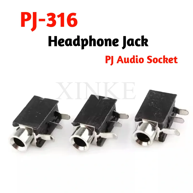 PJ-316 3.5mm Female Jack 3 Pin Socket Headphone Female Jack Audio Video Terminals PCB Mount Connector DIP-3 PJ316 3.5 mm Black