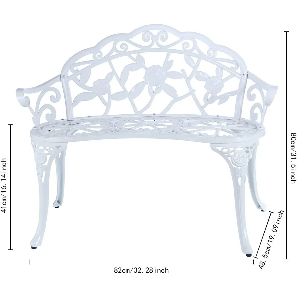 Patio Garden Bench Metal Park Bench Cast Aluminum Outdoor Furniture with Floral Rose for Patio,Park,Lawn,Yard (White)