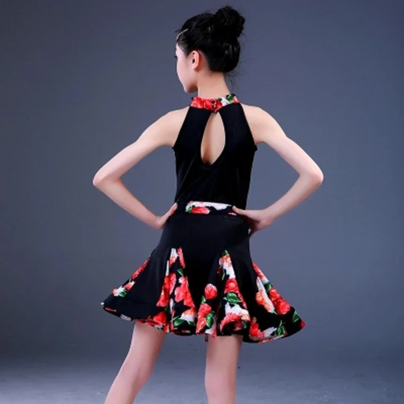 Robe de danse latine imprimée pour filles, jupe Salsa Rumba pour enfants et adolescents, justaucorps sans manches avec dentelle