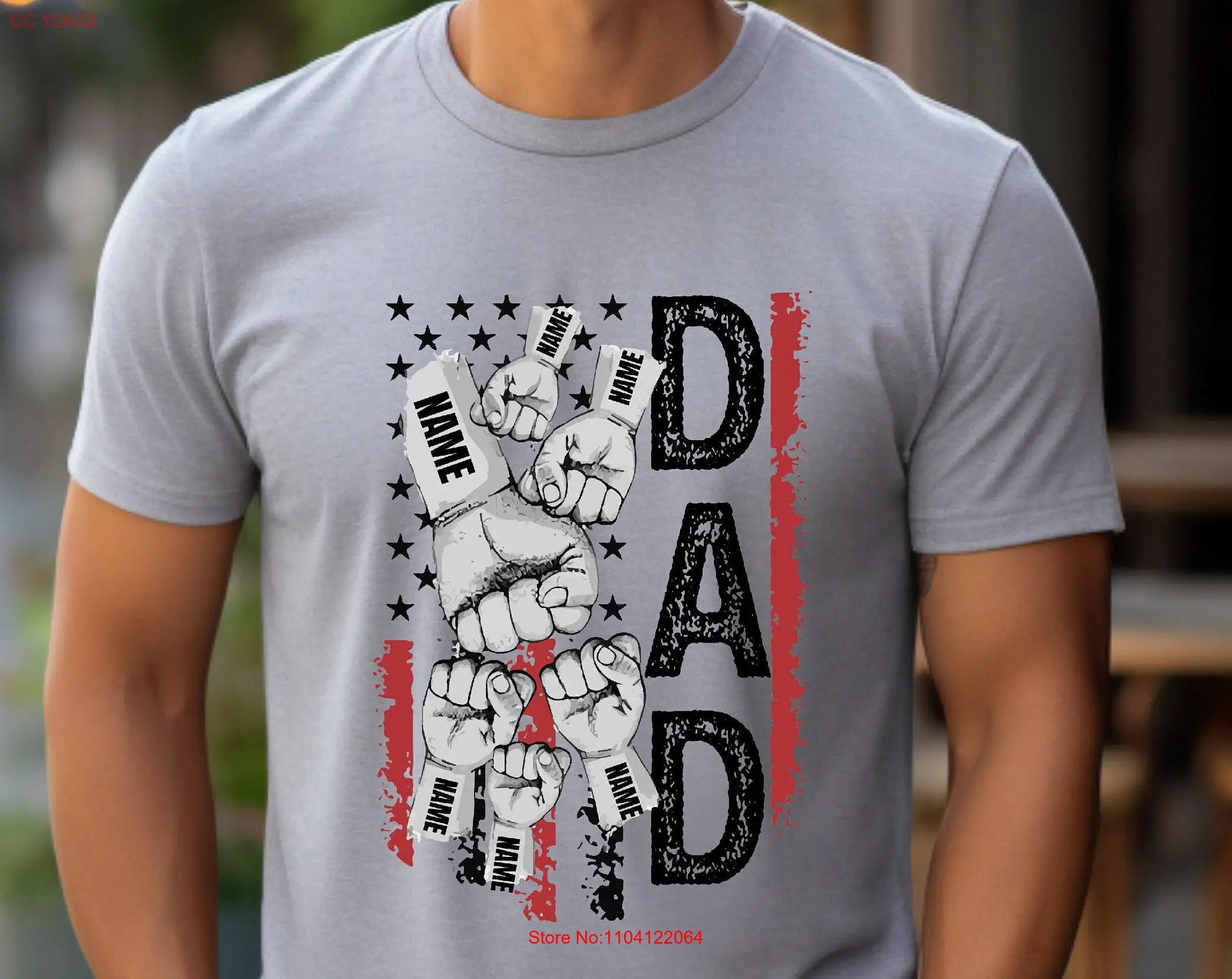 

Personalized Dad T Shirt with Kids Names Raised Fist Bump and Hand Father Day Birthday Husband New long or short sleeves