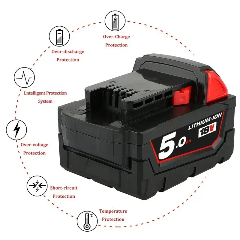 5.0Ah 6.0Ah 18V M18  Rechargeable Battery Replacement for Milwaukee M18B Lithium XC 48-11-1850 48-11-1862 48-11-1840 48-11-1828